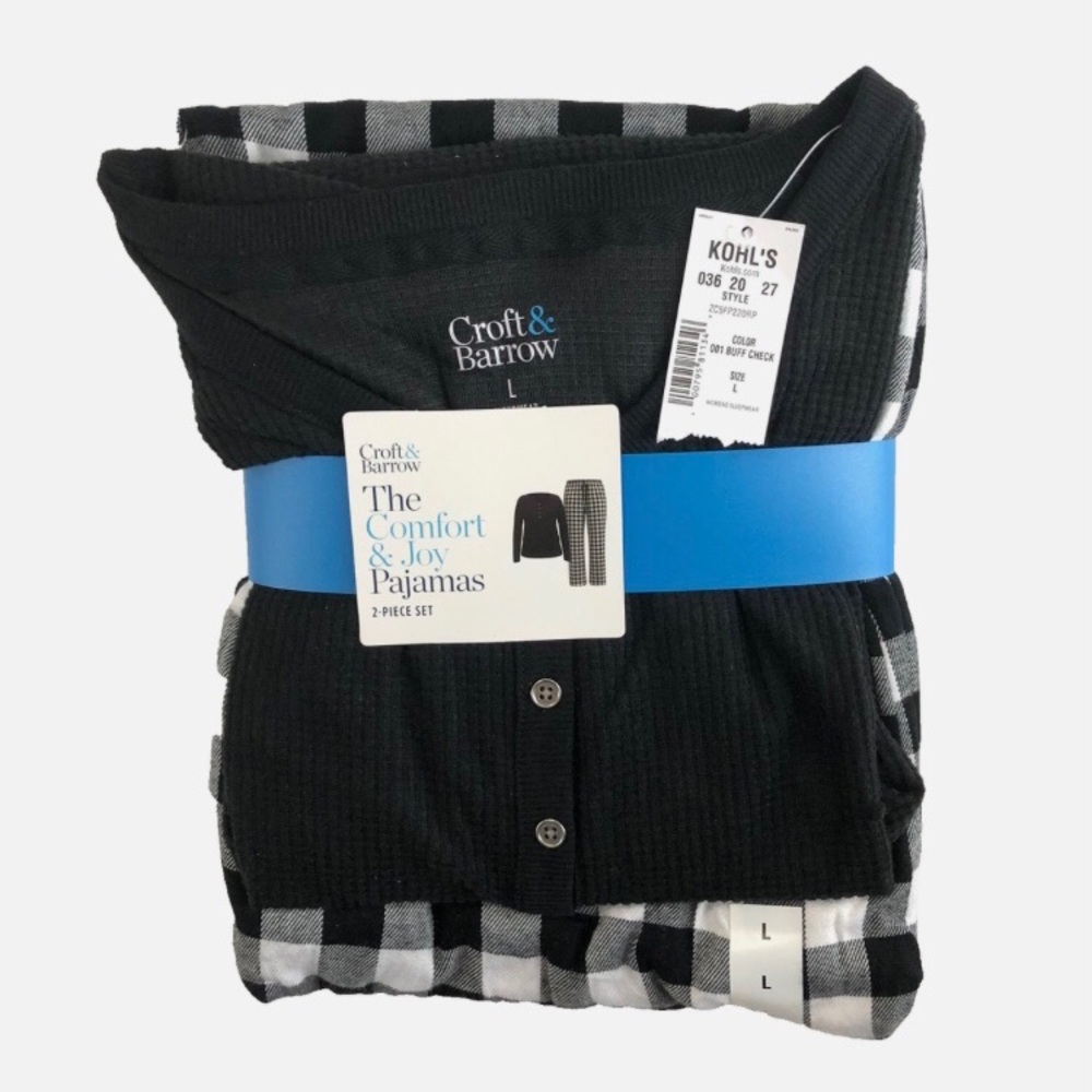 Croft & Barrow Pajama Set NEW sz L 2 pc Top Bottom Black White Buffalo Check NWT